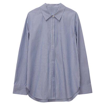MOORING泊 廓形蓝色竖条纹衬衫女叠穿长袖百搭衬衣上衣