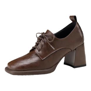 6.5cm复古系带深口单鞋女方头高跟皮鞋法式粗跟英伦风小个子短靴