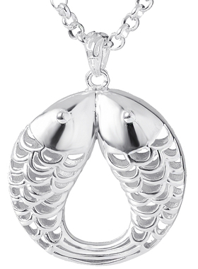 女足银镂空亲嘴鱼毛衣链长款吊坠