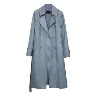 鹿皮绒双排扣中长款系带收腰风衣女2025春秋新款通勤外套