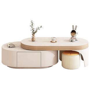 茶几客厅家用实木奶油风新款小户型简约现代轻奢伸缩折叠岩板茶桌