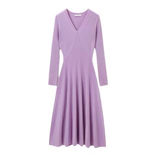 OVV Outlet 秋冬新款女V领A字廓形下摆伞裙长袖绵羊毛针织连衣裙