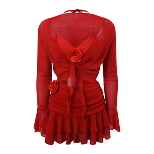 红色绝美大码泳衣女高级感2026新款胖女孩海边比基尼四件套泡温泉