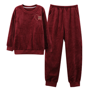 女士睡衣冬季珊瑚绒加厚大码新款保暖法兰绒红色本命年家居服套装