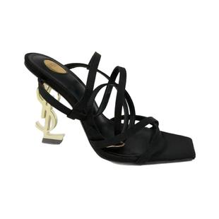 牛牛三宝春夏杨树林同款字母细跟性感方头交叉一字绑带高跟凉鞋女