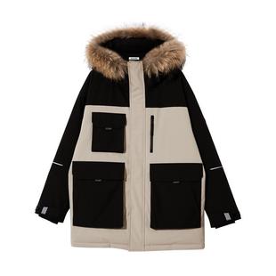 tq区绫致杰克琼斯冬时尚三防工装中长款拼色宽松连帽羽绒服外套