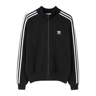 阿迪达斯Adidas三叶草女子黑色复古三条纹针织立领夹克外套IY7278