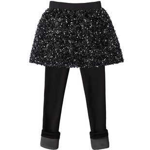 女童亮片假两件长裤半身裙裤儿童加绒加厚打底裤一体绒裤子秋冬