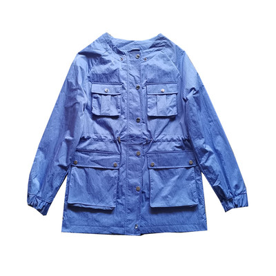 外贸原单出口欧美女士春秋季工装口袋圆领宽松中长款风衣夹克外套