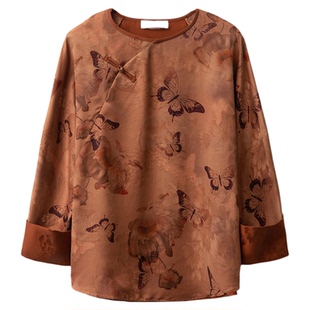 高定 真丝香云纱花萝七分袖上衣女100%桑蚕丝圆领斜门襟国风T恤