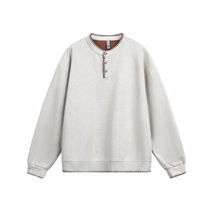 男道老钱风手缝线亨利领卫衣男2026春秋季重磅无帽上衣男生内搭