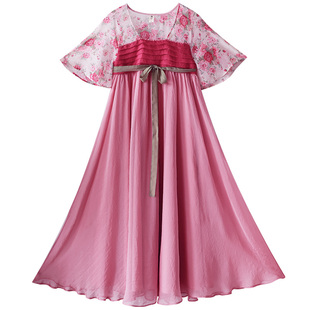 现货【花满楼】改良版汉服襦裙女夏季雪纺印花连衣裙汉元素大摆裙