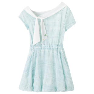 织物猪 薄荷奶霜 甜美风格子斜领露肩连衣裙女夏可爱花苞短裙子