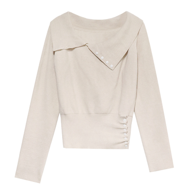 贰羊设计【枕上溪】气质通勤高级感针织衫女设计感一字领长袖上衣