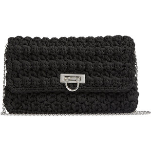 LK BENNETT【皇家赛马会】黑色编织包女翻盖斜挎单肩手抓小方包