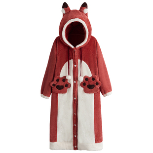 小狐狸睡衣女冬季珊瑚绒加厚新款连体毛绒可爱长款连帽睡袍家居服