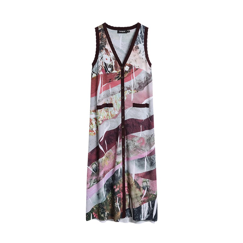 Desigual26秋冬新品手绘拼贴画印花无袖针织纽扣开襟中长款连衣裙