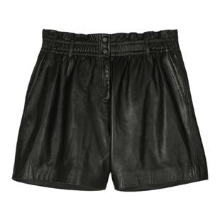 bash夏季法式花苞边黑色羊皮裤子女款直筒休闲通勤短裤1E24AGLA