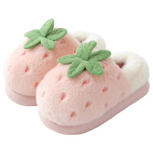 厚底包跟棉拖鞋女新款家居可爱草莓拖鞋冬季毛绒保暖月子棉鞋防滑