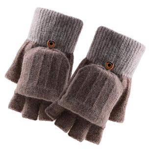 加厚内拉绒冬保暖半指手套男女半截翻盖少年学生写字开车玩手机新