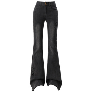 拉夏贝尔复古加绒微喇牛仔裤女春秋冬高腰修身美式辣妹马蹄喇叭裤