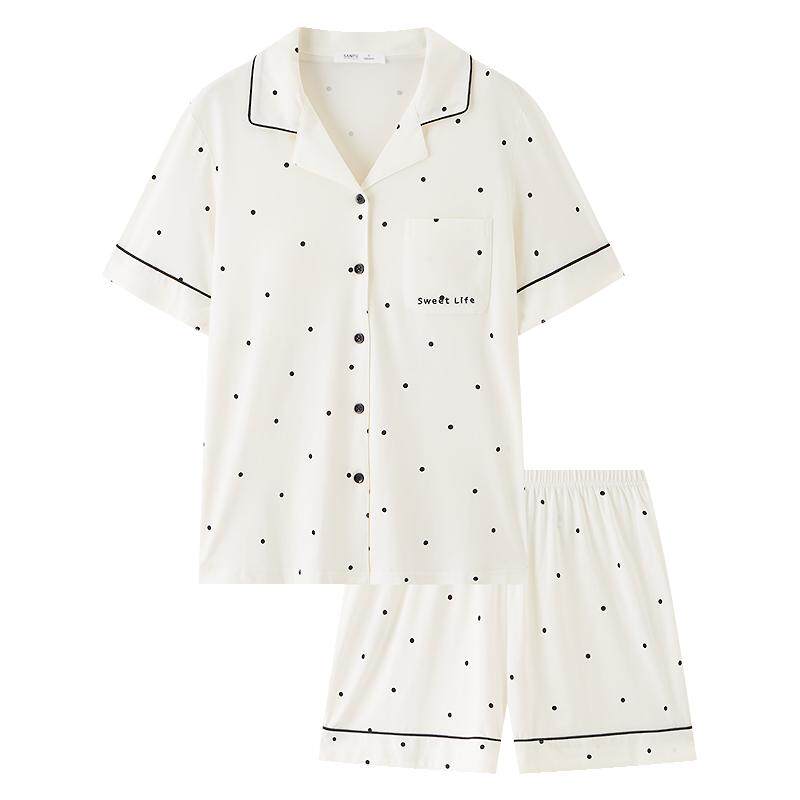 三福女春季波点短袖睡衣套装 甜美清新宽松带杯家居服513568
