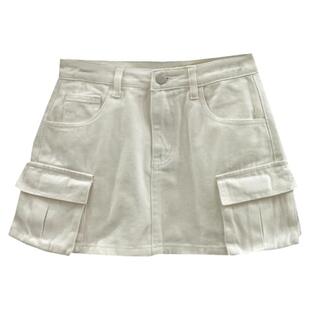 夏日多巴胺穿搭辣妹美式口袋工装半身裙两件套装 包臀A字牛仔裙子