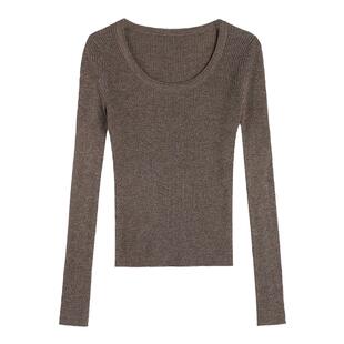 辰米范【现货7折】羊毛U领针织衫女修身内搭毛衣显瘦长袖打底上衣