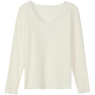 安莉芳新品蕾丝花边v领打底上衣暖肤衣女士舒适长袖秋衣ED00340