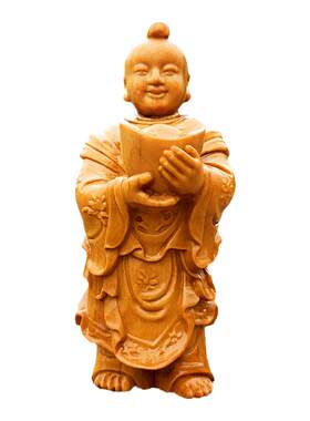 木雕招财童子手工雕刻财神摆件