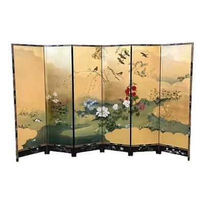 新中式手绘金银箔花鸟屏风折屏