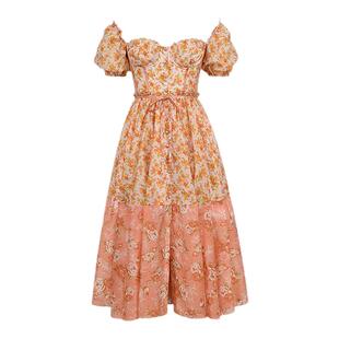 House of CB 休闲度假风桃色泡泡袖复古玫瑰印花连衣裙Penelope