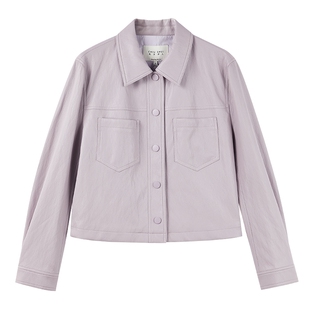 秋水伊人百搭温柔慕斯质感外套2026年春季新款短款直筒袖翻领皮衣