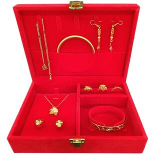 中国黄金订婚首饰盒红绒结婚三金彩礼盒戒指耳钉手镯项链收纳盒子