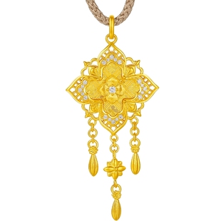 周六福黄金镶嵌钻石吊坠女款非遗系列宋锦足金宝相花颈饰新年礼物