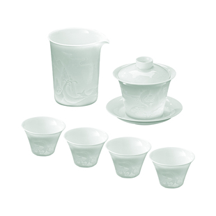 景德镇陶瓷影青白瓷浮雕山水三才盖碗茶具家用中式喝茶碗品茗套装