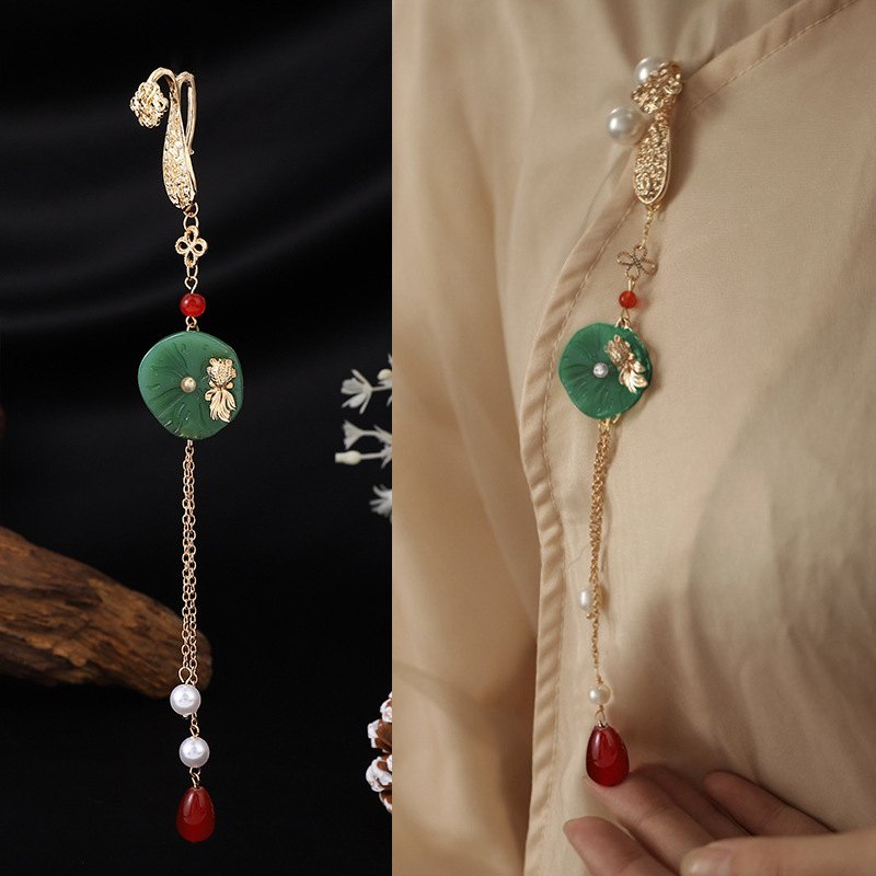 新品 国潮风旗袍压襟荷叶古风挂件胸针汉服茶服流苏复古新中式配