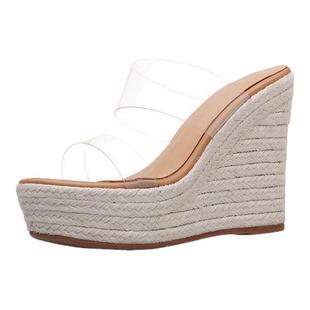 亮片新款透明凉鞋女夏季12cm草编坡跟增高厚底超高跟一字拖穆勒鞋