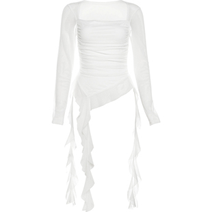 KLIOU 独特别致荷叶边拼接飘带网纱长袖T恤女褶皱显瘦不规则上衣