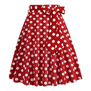 复古港风红色波点半身裙绑带高腰遮肚垂感表演舞蹈度假大摆伞裙夏