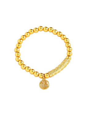 沙金镂空福字牌弯管珠珠手链复古简约百搭款弹力绳手串小珠子饰品