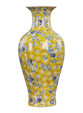 景德镇陶瓷器花瓶珐琅彩黄底仙鹤飞舞家居客厅插花酒柜装饰品摆件