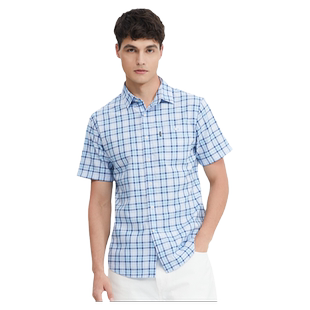 波顿男士2025春夏季新款浅蓝色短袖格子衬衫高端美式休闲衬衣