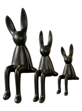 简约现代长耳朵坐姿兔子陶瓷摆件客厅桌面装饰品酒店黑色家居饰品