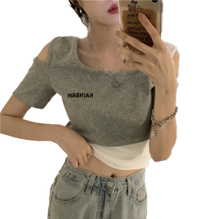 jazz女装爵士跳舞上衣甜酷辣妹女团风性感露肩露脐假两件短款T恤