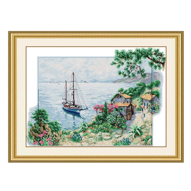 海边渔村小屋十字绣滨海风景小船