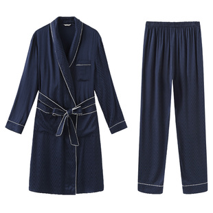 NoirTease春秋丝质薄款睡衣男长袖中长款系带睡袍家居服两件套装