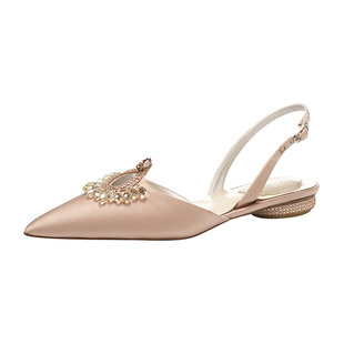 新品rc水钻平底包头半拖鞋女香槟色婚鞋低跟婚礼鞋新娘不累脚