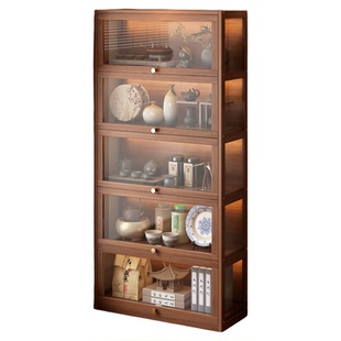 中式茶柜置物架实木博古架茶室多层茶具茶叶收纳柜防尘带灯展示柜
