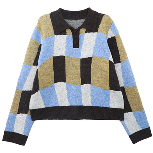 鹿与飞鸟蓝棕扭扭格复古氛围感羊毛马甲毛衣6280/6284夂